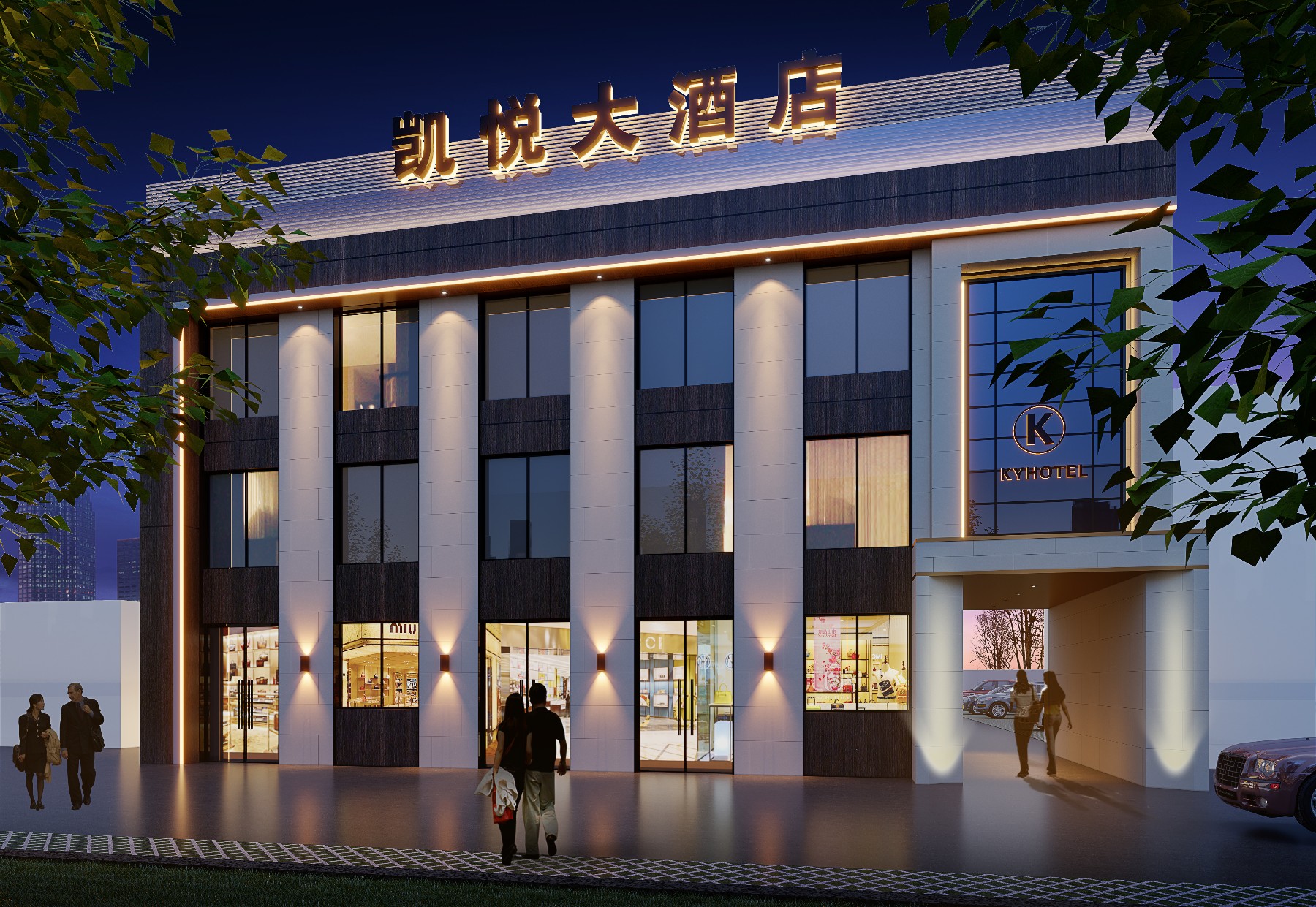 民宿式大酒店外立面 3D 效果图，打造辨识度拉满的酒店门面